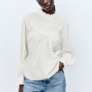 Zara Mock Neck Embroidered Romantic Lace White Cotton Blouse Top Medium